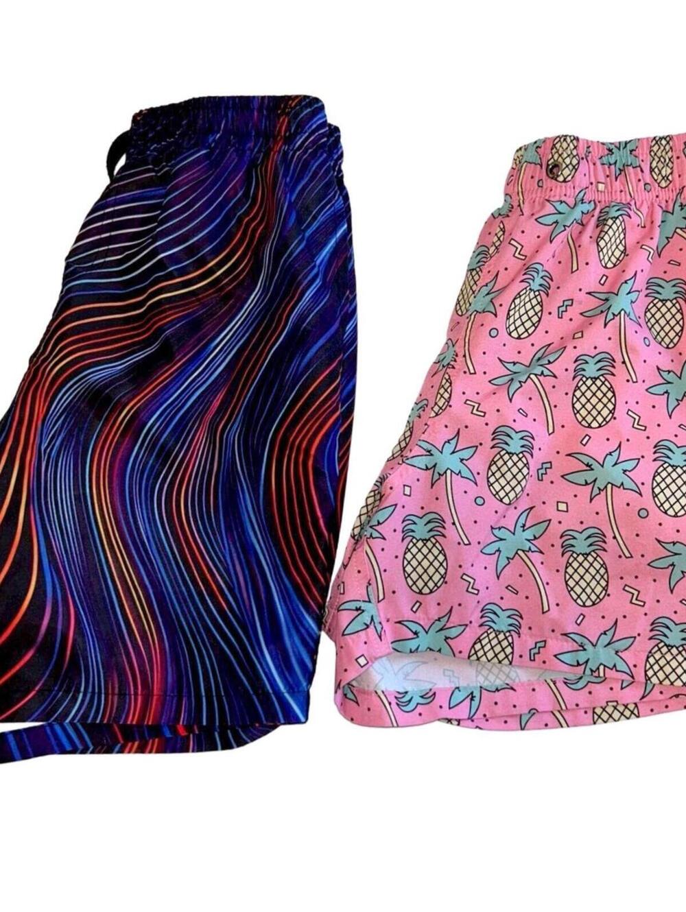 Two Pairs Boys Swim Trunks w/ Black Boxer Brief Liner - Size 14-16 / Large